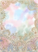Ornate floral mandala border frame with watercolor wash center in pastel pink, blue, green and purple tones, isolated on white background for design projects.