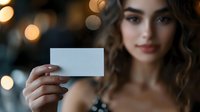 Young woman with curly hair holding blank business card against blurred bokeh background, perfect for adding custom text or logo.