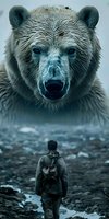 Dramatic surreal scene of hiker facing giant bear head in misty mountain landscape. Dark atmospheric composition with rain and moody lighting creates powerful wilderness encounter.