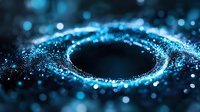 Glowing blue particles form mysterious circular portal against dark background with bokeh effect and sparkling light dots creating cosmic atmosphere.