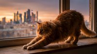 Ginger cat stretching on windowsill with urban skyline at sunset, warm golden light, city view background, relaxed pet moment.