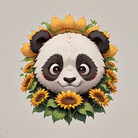 Cute panda bear face surrounded by bright sunflowers and green leaves, cartoon style illustration on light gray background. Great for children designs.