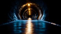 Dark underground tunnel with row of glowing lights reflecting on water surface creating mysterious perspective and dramatic atmosphere for adventure concepts.