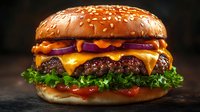Juicy double cheeseburger with melted cheddar, fresh lettuce, red onion rings and sesame seed bun on dark background, close up view of burger.