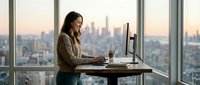 Young professional woman working on laptop at standing desk in modern office with city skyline view during sunset. Remote work and productivity concept.
