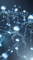 Cloud computing network with glowing circuit connections and data flow visualization on dark blue background for technology presentations.