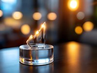 Glowing neon graph arrow pointing upward on transparent glass base against blurred bokeh background, symbolizing business growth and success in modern setting.