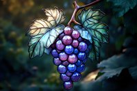 Luminous bunch of purple and blue grapes with glowing green leaves against dark background, magical fantasy art style lighting creates ethereal glow effect.