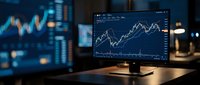 Professional trader analyzing financial market data on multiple computer monitors in modern office environment for investment and trading decisions.