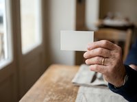 Senior man with weathered hands holding blank white card indoors, suitable for business cards, invitations, or promotional messaging in professional and personal contexts.