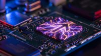Futuristic computer processor chip with glowing purple energy effects on circuit board showcasing advanced technology and artificial intelligence concepts.