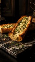 Cheesy garlic bread with melted mozzarella and fresh herbs on a marble board, dark moody background, rustic Italian appetizer.