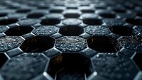 Dark hexagonal carbon fiber pattern with water droplets creating futuristic honeycomb texture for modern industrial backgrounds and technology designs.