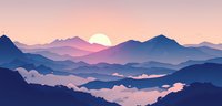 Tranquil mountain landscape at sunrise with layered peaks, misty valleys, and rising sun casting pink and purple hues across serene wilderness scenery.