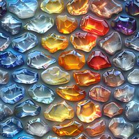 Colorful glass gems in blue, orange, and silver tones arranged in rows creating abstract pattern background with reflective surfaces and light effects.
