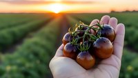 Fresh ripe tomatoes on vine held in farmer hand at sunset over agricultural field rows. Organic farming harvest concept for healthy food production.