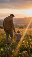 Father and young son walking hand in hand through wildflower meadow at golden hour sunset with mountain landscape backdrop for family bonding concepts.