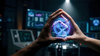 Hands forming protective gesture around glowing brain hologram in futuristic control room with digital displays and advanced technology interface.
