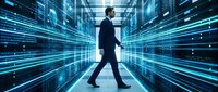 Professional businessman walking through futuristic data center with glowing blue digital streams and server racks creating dynamic technology corridor.