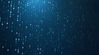 Digital binary code matrix in blue glowing numbers falling on dark background, representing data flow and cyber technology concept for business presentations.