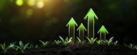 Glowing green arrows rising from soil with young plant sprouts against dark background, symbolizing sustainable growth and business success in nature.