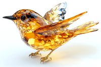 Crystal bird figurine in amber and clear glass with detailed wings and delicate features on white background, isolated decorative collectible ornament.