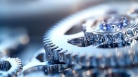 Macro view of shiny metal watch gears and mechanical parts showing precise engineering details with selective focus on intricate clockwork mechanisms in cool blue tones.