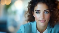 Young mixed race businesswoman with curly hair and blue eyes wearing turquoise blazer smiling confidently against blurred background with bokeh lights.