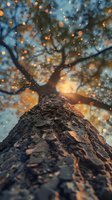 Magical tree trunk view from below with glowing bokeh lights and sunset sky through branches creating dreamy atmosphere. Natural forest photography.