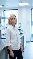 Professional blonde female scientist in white lab coat standing confidently in modern laboratory with equipment and bright lighting for research work.