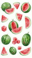 Watercolor watermelon slices and whole fruits with ice cubes isolated on white background for summer designs, healthy food illustrations and tropical patterns.