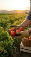 Farmer hands holding fresh ripe tomatoes at sunset in agricultural field with basket, organic farming and harvest concept for healthy food production.