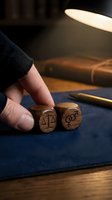 Hand holding wooden dice with legal scales and paragraph symbols on desk with law books and warm lamp lighting for attorney office concept.