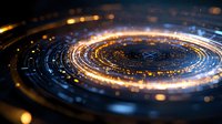 Glowing circular light trails with golden and blue bokeh effects create futuristic technology concept background with spiral motion and particle elements.