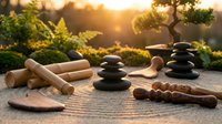 Spa wellness setup with bamboo sticks, black massage stones and wooden tools on natural mat during golden hour sunset for relaxation and meditation therapy.