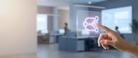 Businessman hand touching glowing molecular structure hologram in modern office environment, representing innovation, technology, and scientific research for corporate and business applications.
