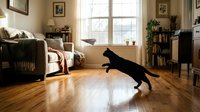Black dog stretching in wooden floor living room with furniture, windows and home decor, suitable for pet lifestyle and interior design projects.