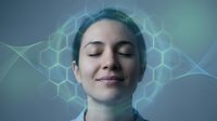Young woman with closed eyes in peaceful meditation surrounded by glowing green hexagonal network patterns representing digital wellness and mindful technology.