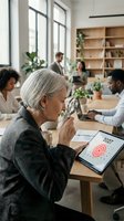 Senior woman with gray hair examining business analytics on tablet with magnifying glass in modern office with diverse colleagues and wooden shelving.