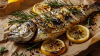 Grilled whole sea bream with fresh rosemary sprigs, charred lemon slices, and aromatic herbs on rustic brown parchment paper, ready for Mediterranean cuisine.