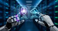 Robotic hands selecting data security and cloud computing icons in futuristic server room with glowing blue technology interface and digital circuits.