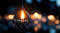 Elegant hanging glass oil lamp with warm flame glowing against blurred city lights background creating cozy atmospheric lighting for home decor and relaxation.