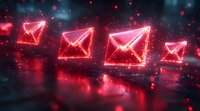 Glowing neon red mail envelope icons floating in dark space with particles and reflective surface, digital communication concept for email marketing and messaging.