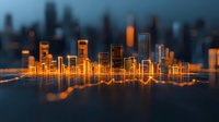 Glowing orange digital city skyline visualization with network connections on dark blue background, modern urban technology concept for business presentations.