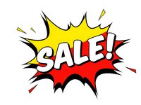 Comic book style sale burst with explosive yellow and red colors on white background for promotional marketing and advertising campaigns.