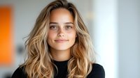 Young Caucasian woman with wavy blonde hair and natural makeup wearing black top smiles warmly at camera against blurred bright interior background.