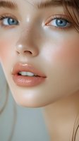 Close-up portrait of young Caucasian woman with blue eyes, natural makeup and glowing skin for beauty and skincare concepts.