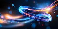 Glowing blue and orange light trails forming infinity symbol shape against dark background with bokeh effects and particle elements. Abstract modern design.