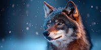 Majestic wolf portrait in winter setting with falling snow, illuminated by warm and cool lighting creating dramatic contrast against dark blue background.
