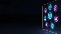 Smartphone displaying glowing neon app icons in dark digital space with copy space for technology and mobile application design concepts.